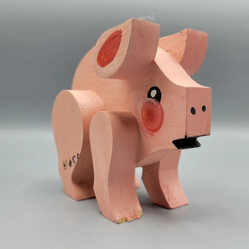 Vtg Handcrafted Wooden Pig Figurine Folk Art Collectible Animal Decor Farm House
